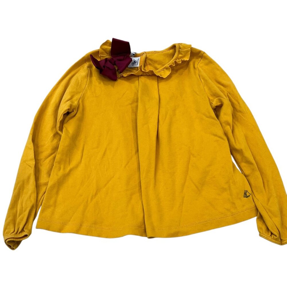 Girls Mustard Yellow Long Sleeve Top With Ruffle Neck & Bow Accent By Petit Bate